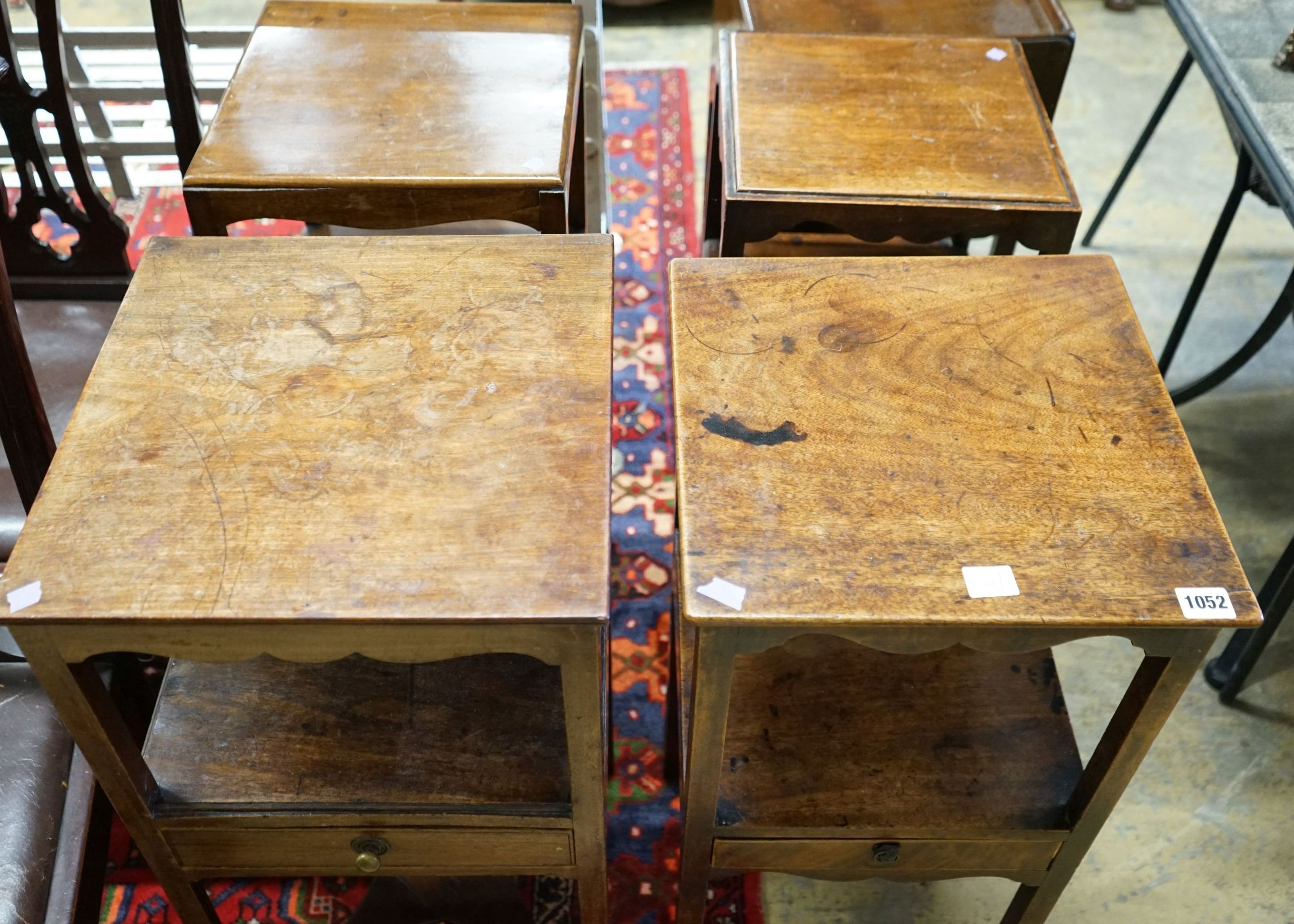 Four George III and later mahogany two tier washstands, largest width 37cm, depth 36cm, height 82cm